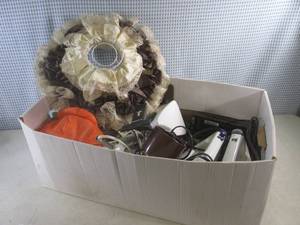 lot 128 image: (F-2) Box Full of Misc - Irons, Vintage Lamp, Soldering Irons, Glue Gun with Glue Sticks, Phone and Other Misc