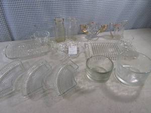 lot 129 image: (EW5) Assorted Vintage Glass - Cut Glass Dish, 2 Half Pint Milk Bottles, 2 CoffeeTea Sets (Plate with Cup) and Other Misc