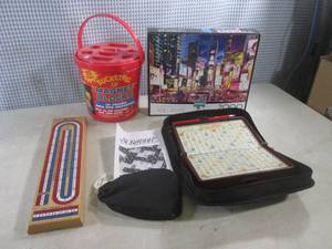 lot 164 image: (EW3) Travel Scrabble Game, Time Square Puzzle, Bucket of Magnetic Building Blocks and Cribbage Board