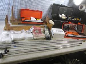 lot 213 image: (G-1) Gun Cleaning and Care - Cleaning Kits and Accessories, 2 Gun Stands and Other Misc - See Photos