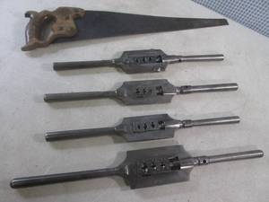 lot 216 image: (EW4) 4 Vintage Adjustable Die Thread Tools #s 34, 2-37s and Unreadable Either 28 or 38 and a Hand Saw