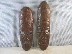 lot 271 image: (EC1) Pair of African Hand Crafted Wood Tribal Mask Wall Decor 19 34 and 17 12 - Purchased In Africa