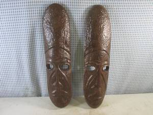 lot 272 image: (EC1) Pair of African Hand Crafted Wood Tribal Mask Wall Decor Both Are 20 - Purchased In Africa