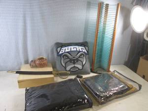 lot 297 image: (G-1) Bugha Gamer Pillow, Small Sword, CD, 4 Black Linen Tablecloths, & 3 Gold Table Runners, Etc