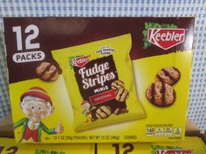 lot 310 image: (C-1) Case of 48 Pouches Keebler Fudge Stripes Minis Original Cookies 4 Inner Boxes with 12 Pouches Each Past Date