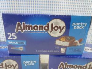 lot 314 image: (B-1) 75 Snack Size Almond Joy Candy Bars 3 Pantry Pack Boxes of 25 Each Best by Jan 2024