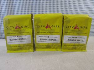 lot 331 image: (B-3) 3 Bags City Girl Blondie Brazil Whole Bean Light Roast Coffee 12oz Past Date