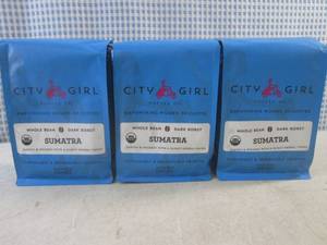 lot 332 image: (B-3) 3 Bags City Girl Sumatra Whole Bean Dark Roast Coffee 12oz Past Date