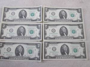 lot 413 image: (CNTR) 6 Uncirculated Consecutive Serial Number $2.00 Bills