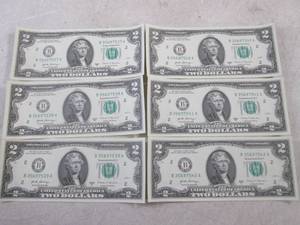 lot 414 image: (CNTR) 6 Uncirculated Consecutive Serial Number $2.00 Bills