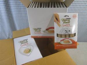 lot 425 image: (CSB) Purina Fancy Feast Savory Puree Cat Treats Salmon & Tuna - 2 Inner Boxes of 15 Packets with 4 Pouches Each (120 Treats Total) Past Date