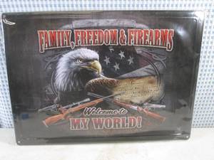 lot 433 image: (EC1) Family, Freedom & Firearms...Welcome To My World Embossed Tin Sign with Rolled Back Edges 16 34 x 12 - New in Wrap