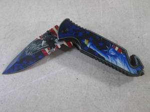 lot 436 image: (CNTR) Statue of LibertyEagleUS Flag Design Spring Assist Knife with Belt Clip - 8 Open  4 34 Closed - New In Box