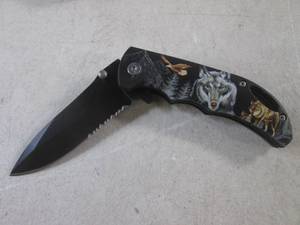 lot 440 image: (CNTR) WolvesEagle Design Spring Assist Knife with Belt Clip - 7 Open  4 Closed - New In Box
