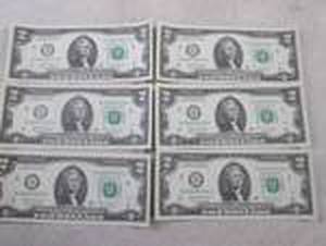 lot 301 image: 6 Consecutively numbered uncirculated $2.00 bills
