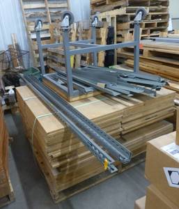 Pallet of wood planksshelves and steel shelving and supports for 2 shelving units