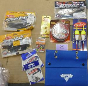 Group of fishing stuff, bait, hooks, jigs, bobbers, line, worm bag
