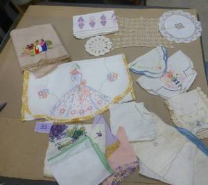 Lot of vintage hankies, doilies, tablecloth and napkins