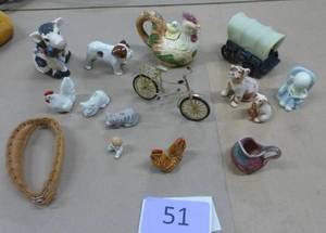 Lot of miniatures - cats, chickens, baby, bears, pitcher, teapot chicken, pencil sharpen wagon, handmade leather horse collar