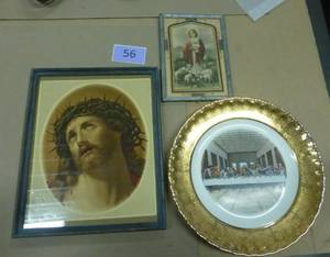3 vintage religious pieces, plate, 2 prints