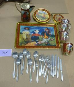 New set of tin childrens tea set - Cat in the Fiddle - and set of vintage childrens play silverware