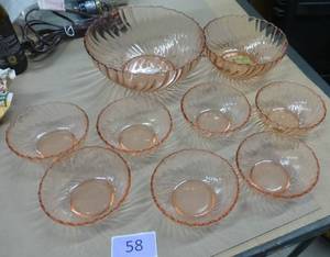 Vintage set of pink swirl glass bowls and dishes, Arcoroc