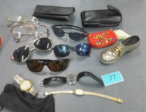 Group of sunglasses, glasses, watches