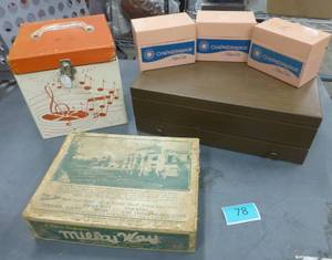 Vintage boxes - record box, recipe card boxes, silverware box and Milky Way box
