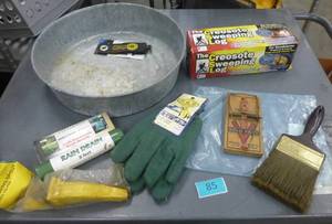 Garage items, gloves, rat trap, oil pan, paint brush