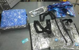 Clear stadium bags, 20 small ones, 3 large, 60 lanyards from the superbowl