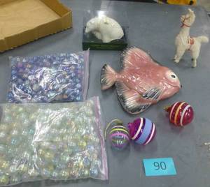 Vintage glass xmas ornaments, ceramic fish, wool llama, bags of marbles, Snowbaby