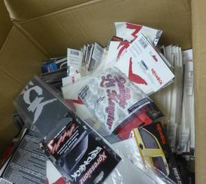 Box full of Redneck and Honda decals