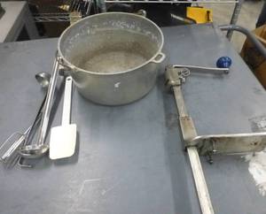Commercial restaurant can opener, aluminum pot and utensils