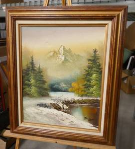 Vintage oil painting by Braien 22X26 AND Vintage wood inlay picture of 3 sail boats 20X21