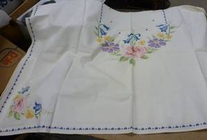 Vintage linens 48x64 tablecloth, embroidered pieces, apron, salt sack