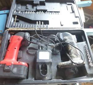Two 18v flashlights with sockets, empty drill case
