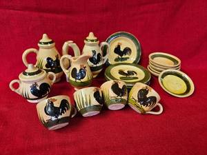 Czech Pottery Miniature Tea Set Black Roosters