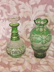 Green Cut to Clear Bohemian Czech Glass Vase & Decanter