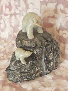 Large Carved Soapstone Salmon Hunting Bear and Cub Sculpture, artist signed