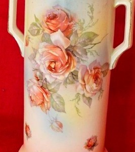 Stunning Hand Painted Czech Porcelain Rose Bouquet Handled Vase