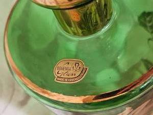 Green and Gold Gilt Bohemian Decanter Cordial Set