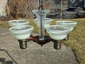 Swirled and Painted 5 Pressed Glass Shade Ceiling Fixture Chandelier