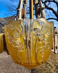 Antique 1945 Art Deco 5 Light Glass Slip Shade Chandelier