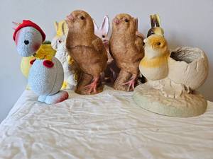 Vintage Molded Paper Mache Easter Chick and Bunny Rabbit Collection  Nodder  Candy Holder