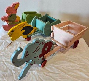 Vintage Painted Wooden Candy Wagons  Elephant and 2 Rabbits