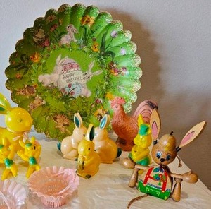 Vintage Easter Decor  Plastic Yellow Bunny Rabbits  Tin Basket  Painted Wood Rabbit Jumping Jack Toy