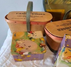 Vintage Easter Tins  Wooden Candy Basket Boxes  Rabbits