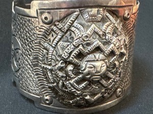 Vintage Sterling Silver Mayan Style Cuff Bracelet