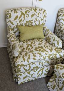 Pair of Custom Upholstered Armchairs and Ottoman