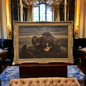 lot 3 image: Antique 42 Wide Oil Painting of Lions Attacking a Cape Buffalo Signed 1885 With Gold Gilded Frame